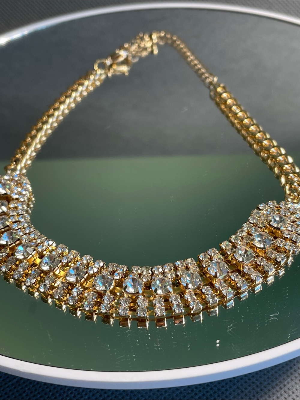 Gold Crystal Collar Necklace - Sparkling Statement Jewelry 11.5 long4” extender